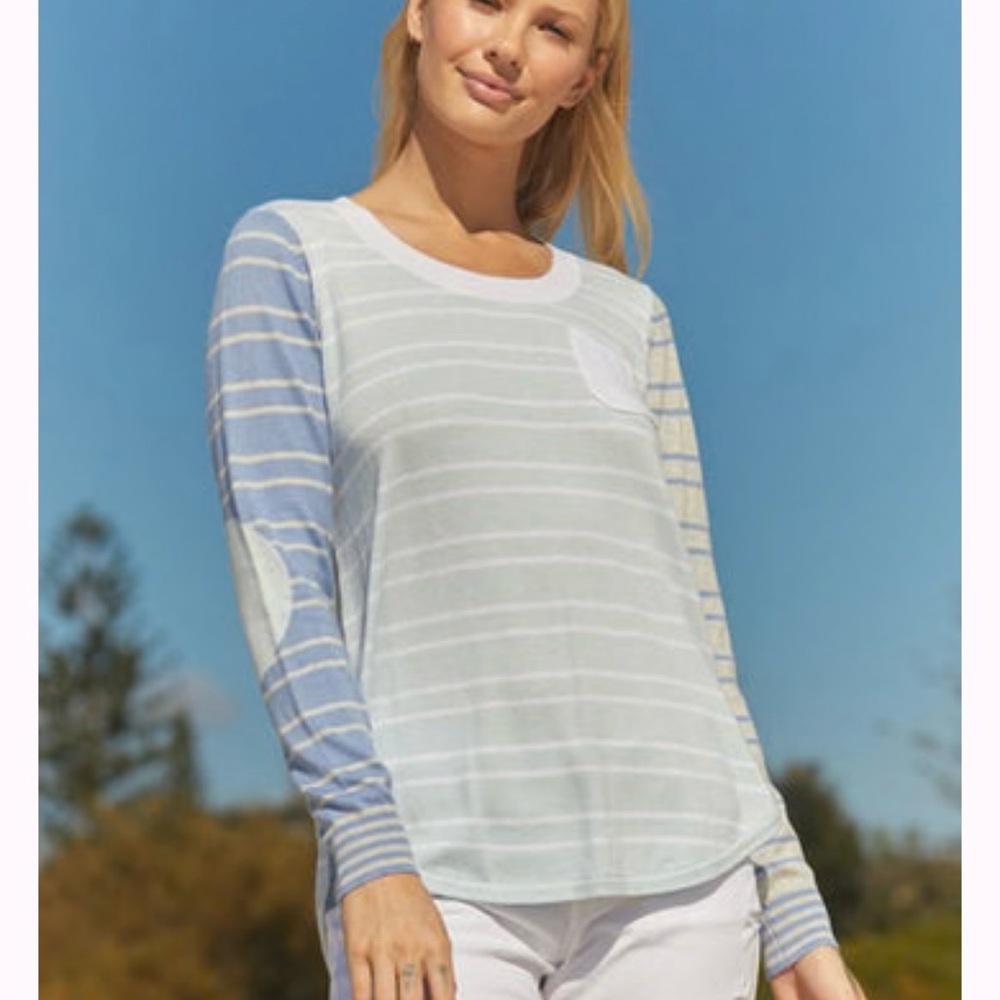 Zaket & Plover Women's Cashmere Cotton‎ Blue Striped Sweater Elbow Patch Sz XS
